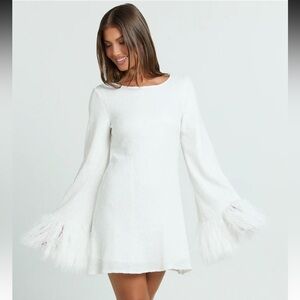 Showpo White Feathered Long Sleeve Dress